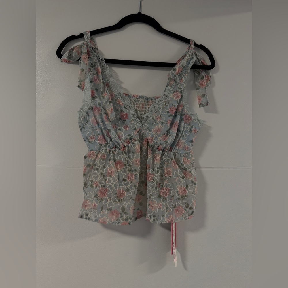 ROMWE - Blue Floral Lace Tie Strap Tank Top Cottagecore NWT Size S